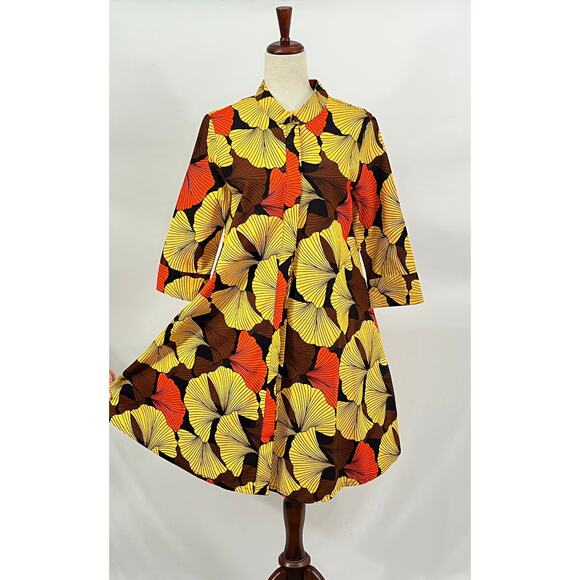 ZURI Kenya Sz S Small Gingko Ginkgo Orange Yellow Fall 3/4 Slv Shirt Dress - Picture 1 of 7